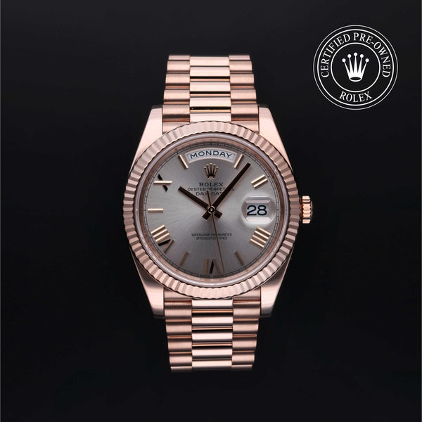 Rolex Certified Pre-Owned Day-Date in President, 40 mm, 18k rose gold 228235 watch available at Long's Jewelers.