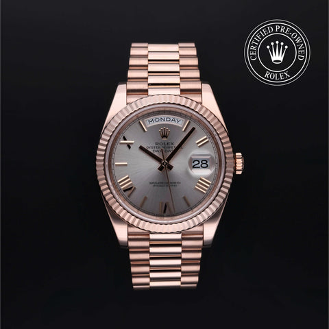 Rolex Certified Pre-Owned Day-Date in President, 40 mm, 18k rose gold 228235 watch available at Long's Jewelers.