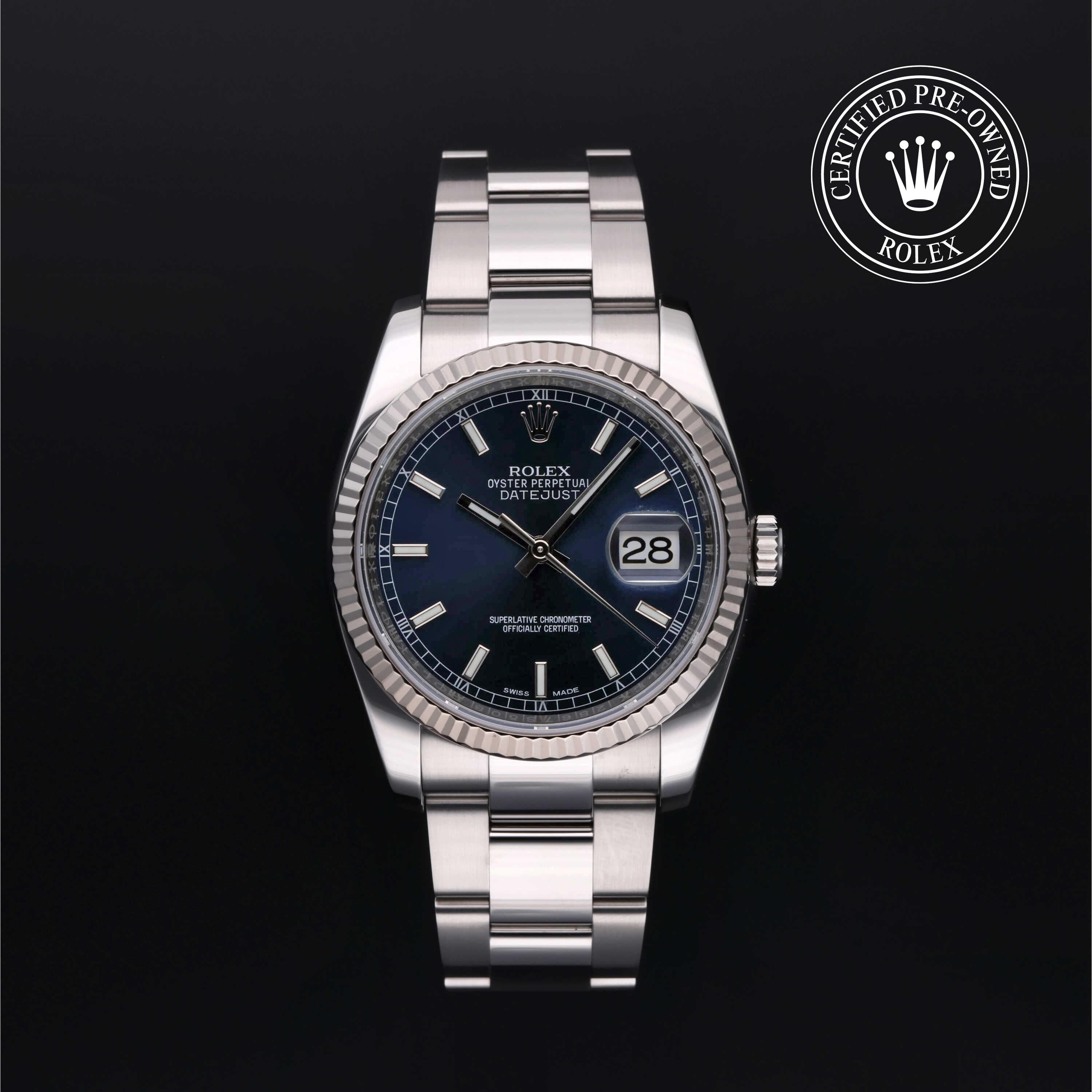 Rolex Certified Pre-Owned Datejust in Oyster, 36 mm, Stainless Steel and white gold 116234 watch available at Long's Jewelers.