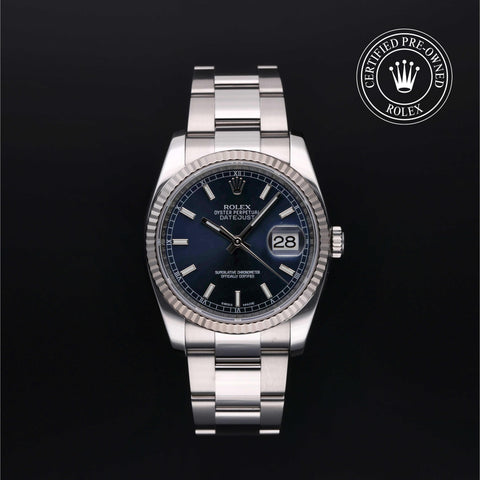 Rolex Certified Pre-Owned Datejust in Oyster, 36 mm, Stainless Steel and white gold 116234 watch available at Long's Jewelers.