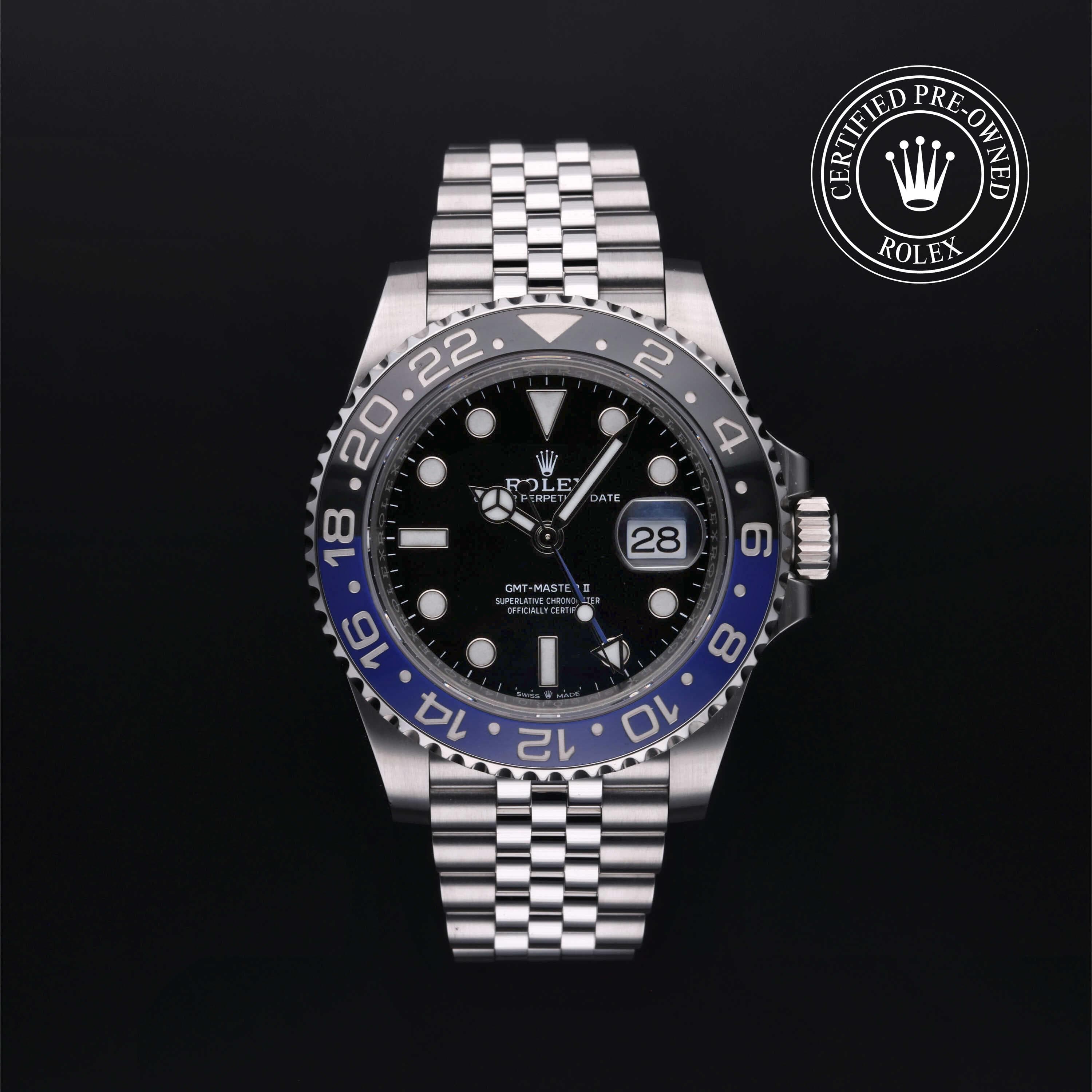 Rolex Certified Pre-Owned GMT Master II in Jubilee, 40 mm, Stainless Steel 126710BLNR watch available at Long's Jewelers.