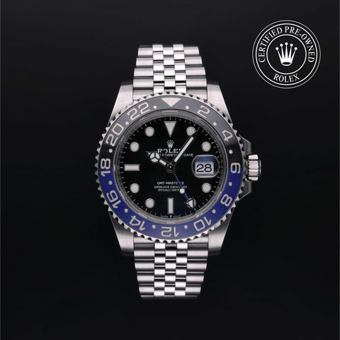 Rolex Certified Pre-Owned GMT Master II in Jubilee, 40 mm, Stainless Steel 126710BLNR watch available at Long's Jewelers.