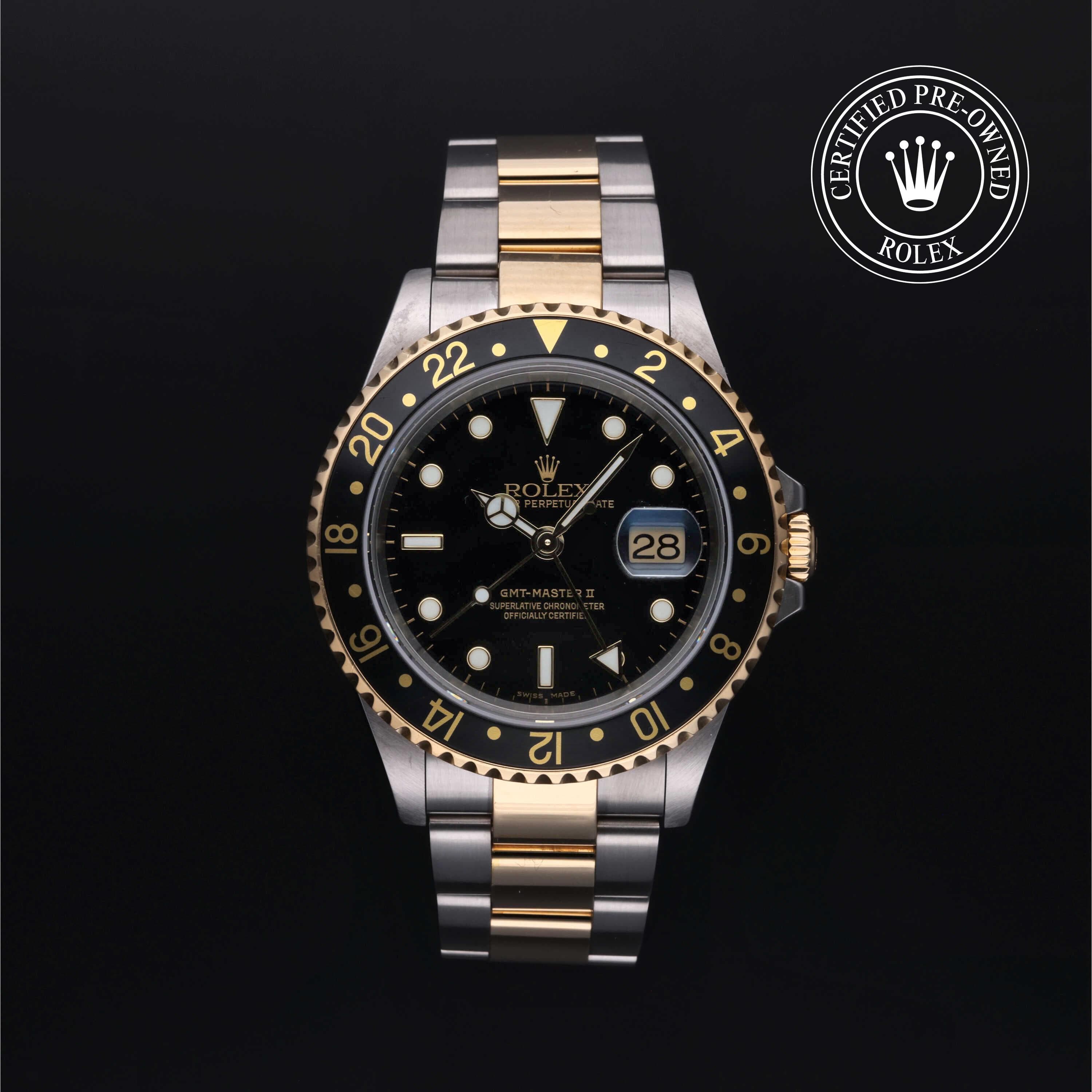 Rolex Certified Pre-Owned GMT Master II in Oyster, 40 mm, Stainless Steel and yellow gold 16713LN watch available at Long's Jewelers.