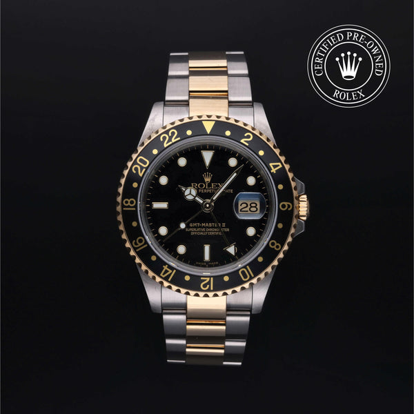 Rolex Certified Pre-Owned GMT Master II in Oyster, 40 mm, Stainless Steel and yellow gold 16713LN watch available at Long's Jewelers.