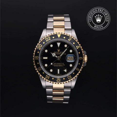 Rolex Certified Pre-Owned GMT Master II in Oyster, 40 mm, Stainless Steel and yellow gold 16713LN watch available at Long's Jewelers.