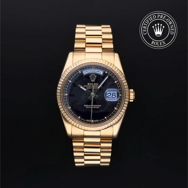 Rolex Certified Pre-Owned Day-Date in President, 36 mm, 18k yellow gold 118238 watch available at Long's Jewelers.
