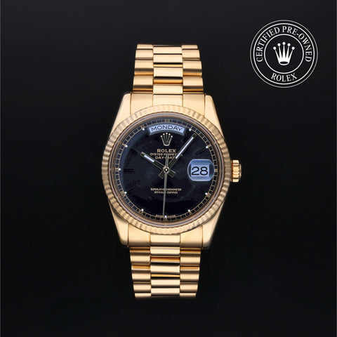 Rolex Certified Pre-Owned Day-Date in President, 36 mm, 18k yellow gold 118238 watch available at Long's Jewelers.