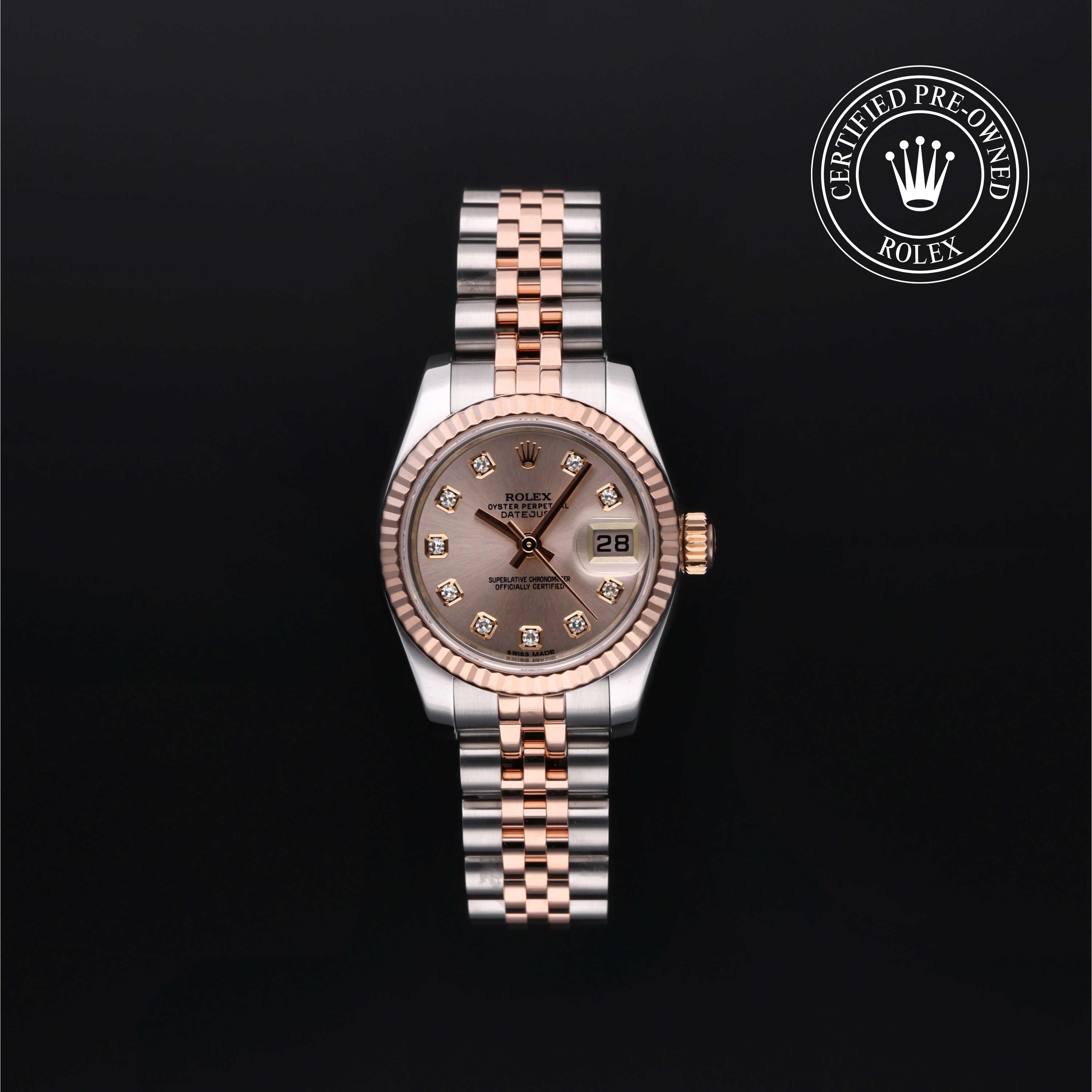 Rolex Certified Pre-Owned Lady-Datejust in 26 mm, Stainless Steel and rose gold 179171 watch available at Long's Jewelers.