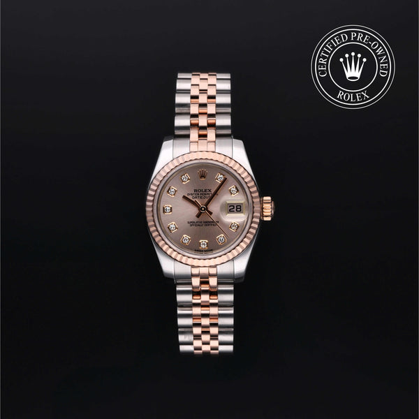 Rolex Certified Pre-Owned Lady-Datejust in 26 mm, Stainless Steel and rose gold 179171 watch available at Long's Jewelers.