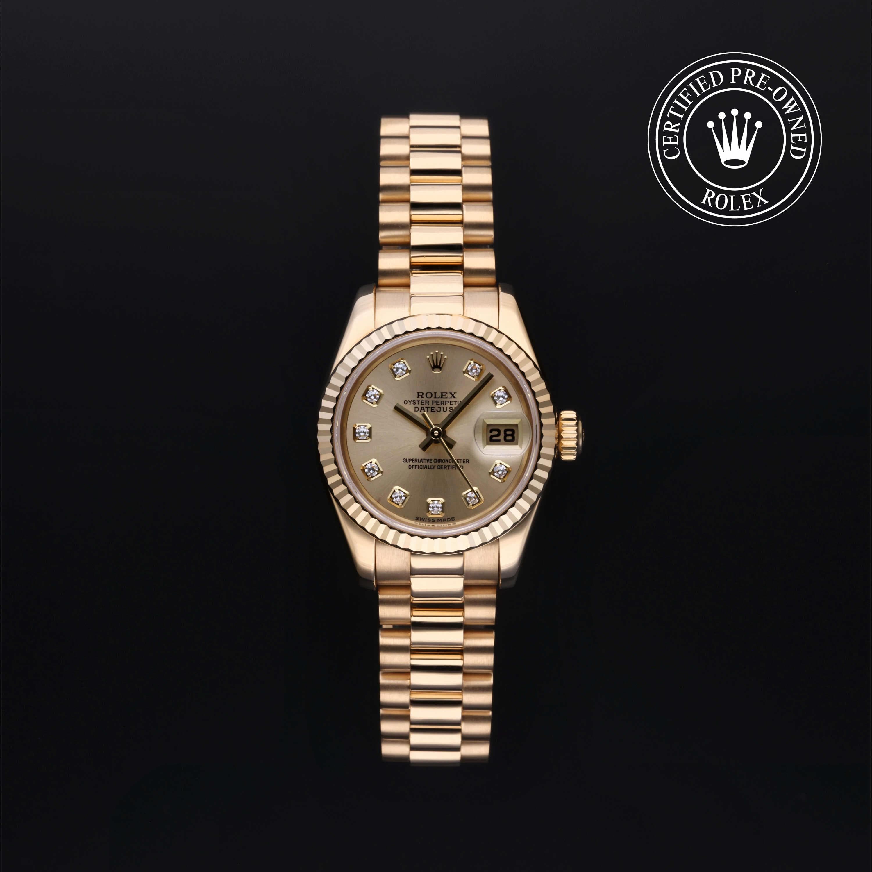 Rolex Certified Pre-Owned Lady-Datejust in 26 mm, 18k yellow gold 179178 watch available at Long's Jewelers.