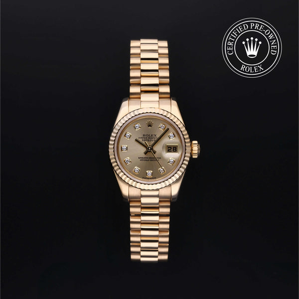 Rolex Certified Pre-Owned Lady-Datejust in 26 mm, 18k yellow gold 179178 watch available at Long's Jewelers.