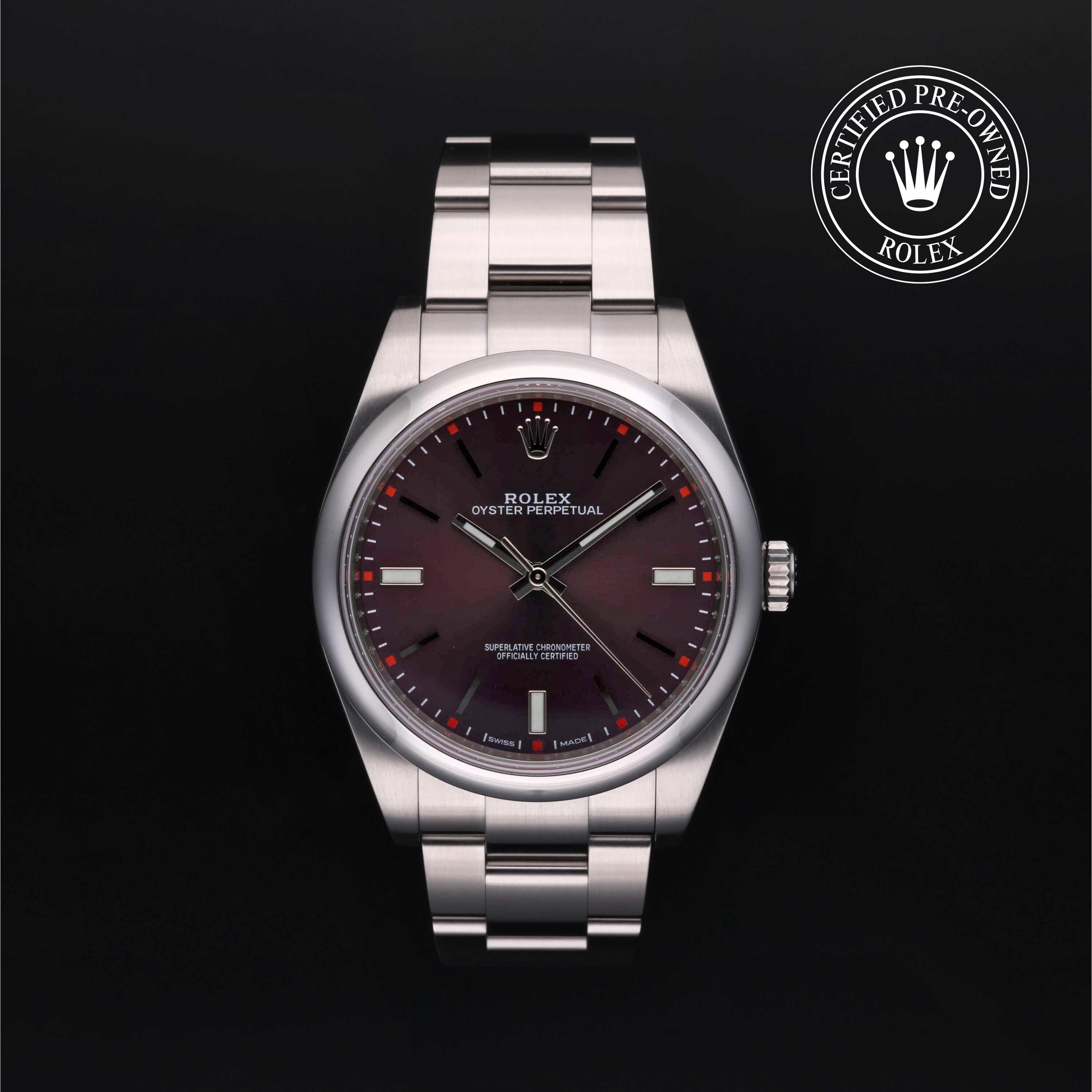 Rolex Certified Pre-Owned Oyster Perpetual in Oyster, 39 mm, Stainless Steel 114300 watch available at Long's Jewelers.