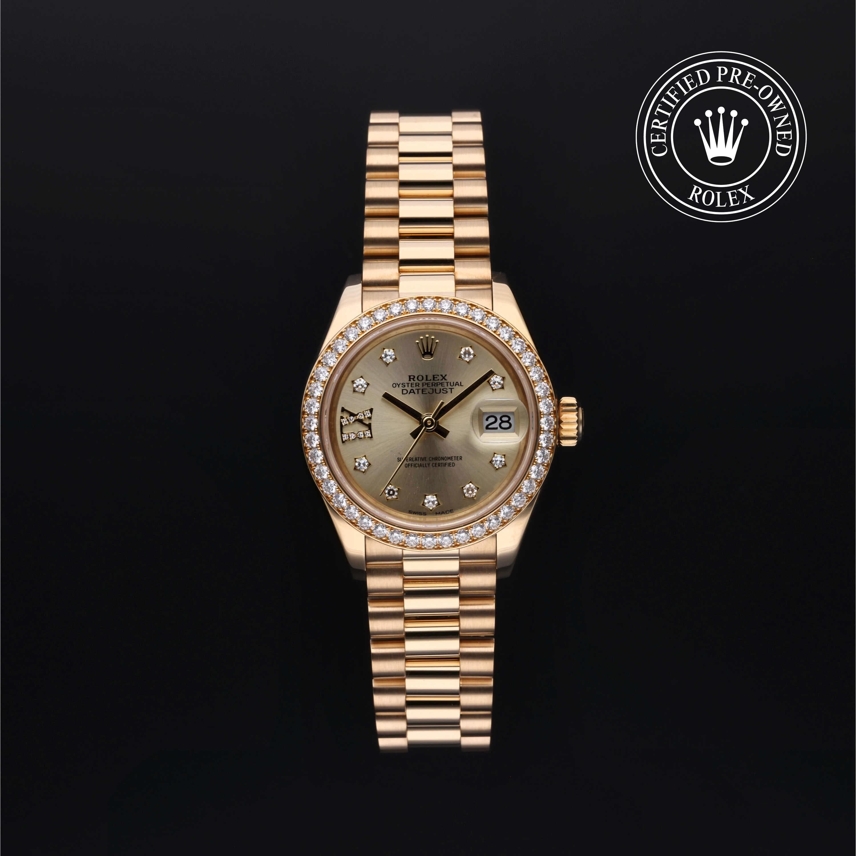 Rolex Certified Pre-Owned Lady-Datejust in 28 mm, 18k yellow gold 279138RBR watch available at Long's Jewelers.