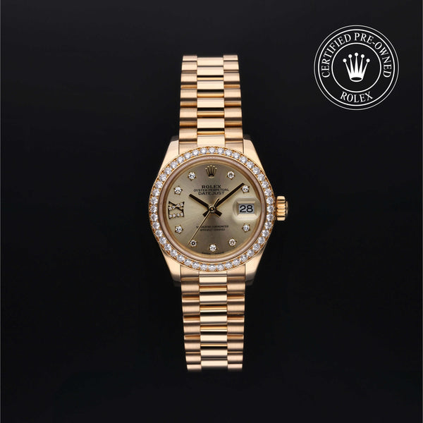 Rolex Certified Pre-Owned Lady-Datejust in 28 mm, 18k yellow gold 279138RBR watch available at Long's Jewelers.