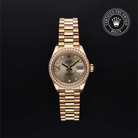 Rolex Certified Pre-Owned Lady-Datejust in 28 mm, 18k yellow gold 279138RBR watch available at Long's Jewelers.