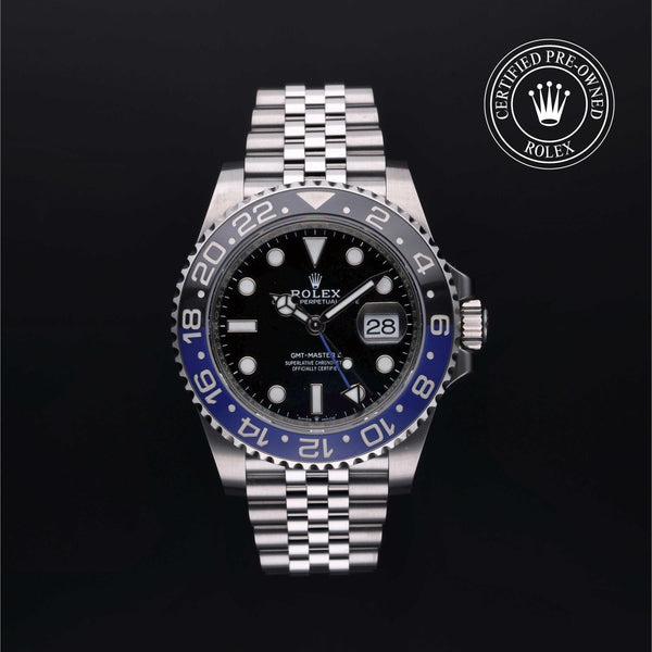 Rolex Certified Pre-Owned GMT Master II in Jubilee, 40 mm, Stainless Steel 126710BLNR watch available at Long's Jewelers.