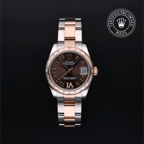 Rolex Certified Pre-Owned Datejust in Oyster, 31 mm, Stainless Steel and rose gold 178341 watch available at Long's Jewelers.