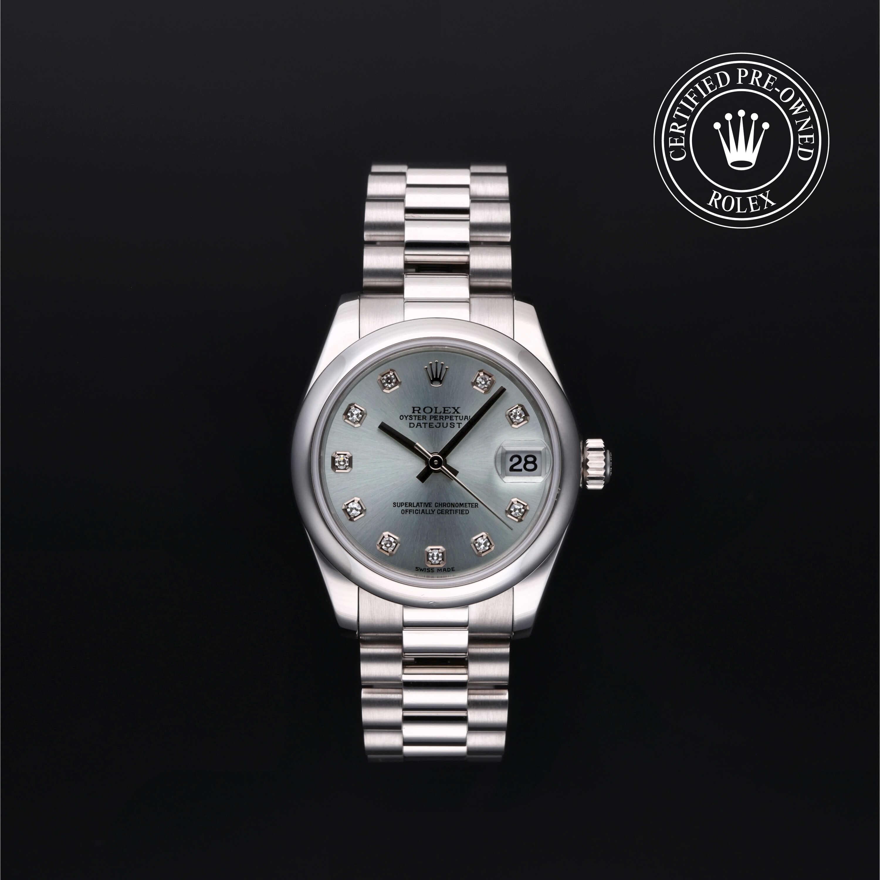 Rolex Certified Pre-Owned Oyster Perpetual in President, 33 mm, Platinum 178246 watch available at Long's Jewelers.