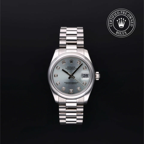 Rolex Certified Pre-Owned Oyster Perpetual in President, 33 mm, Platinum 178246 watch available at Long's Jewelers.