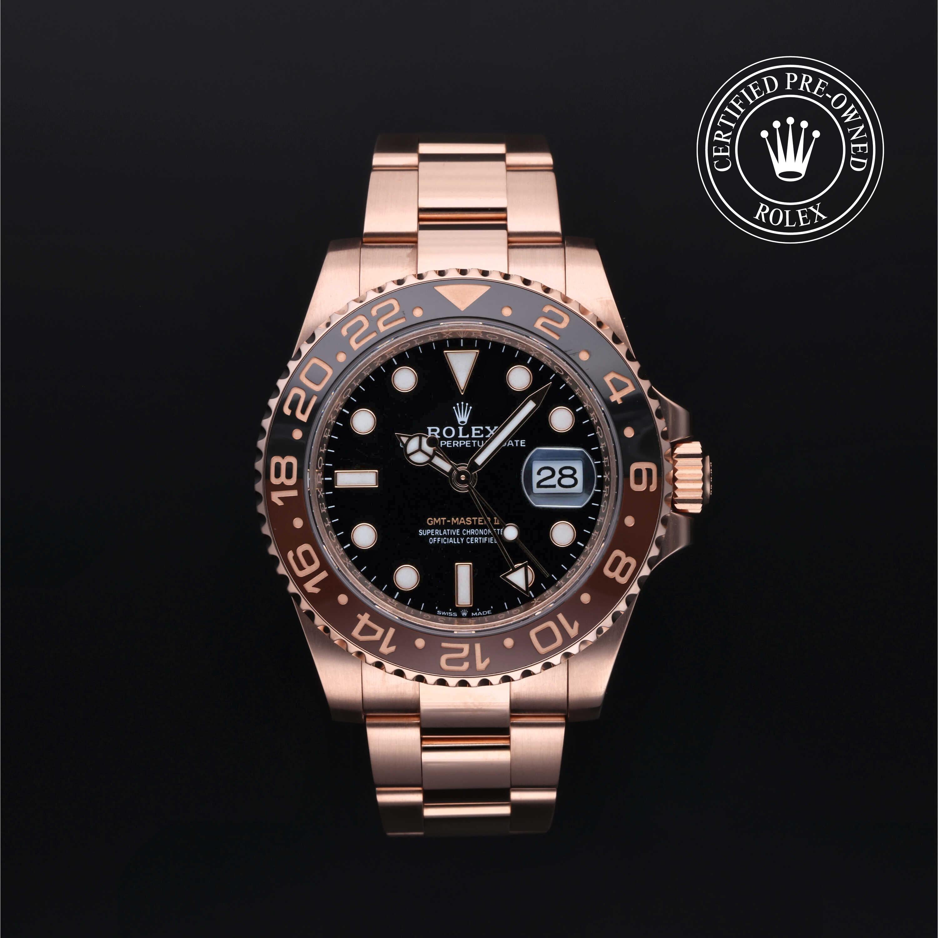 Rolex Certified Pre-Owned GMT-Master II in Oyster, 40 mm, 18K Rose Gold 126715CHNR watch available at Long's Jewelers.
