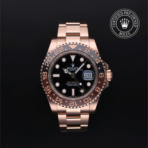 Rolex Certified Pre-Owned GMT-Master II in Oyster, 40 mm, 18K Rose Gold 126715CHNR watch available at Long's Jewelers.