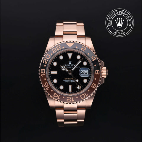 Rolex Certified Pre-Owned GMT-Master II in Oyster, 40 mm, 18K Rose Gold 126715CHNR watch available at Long's Jewelers.