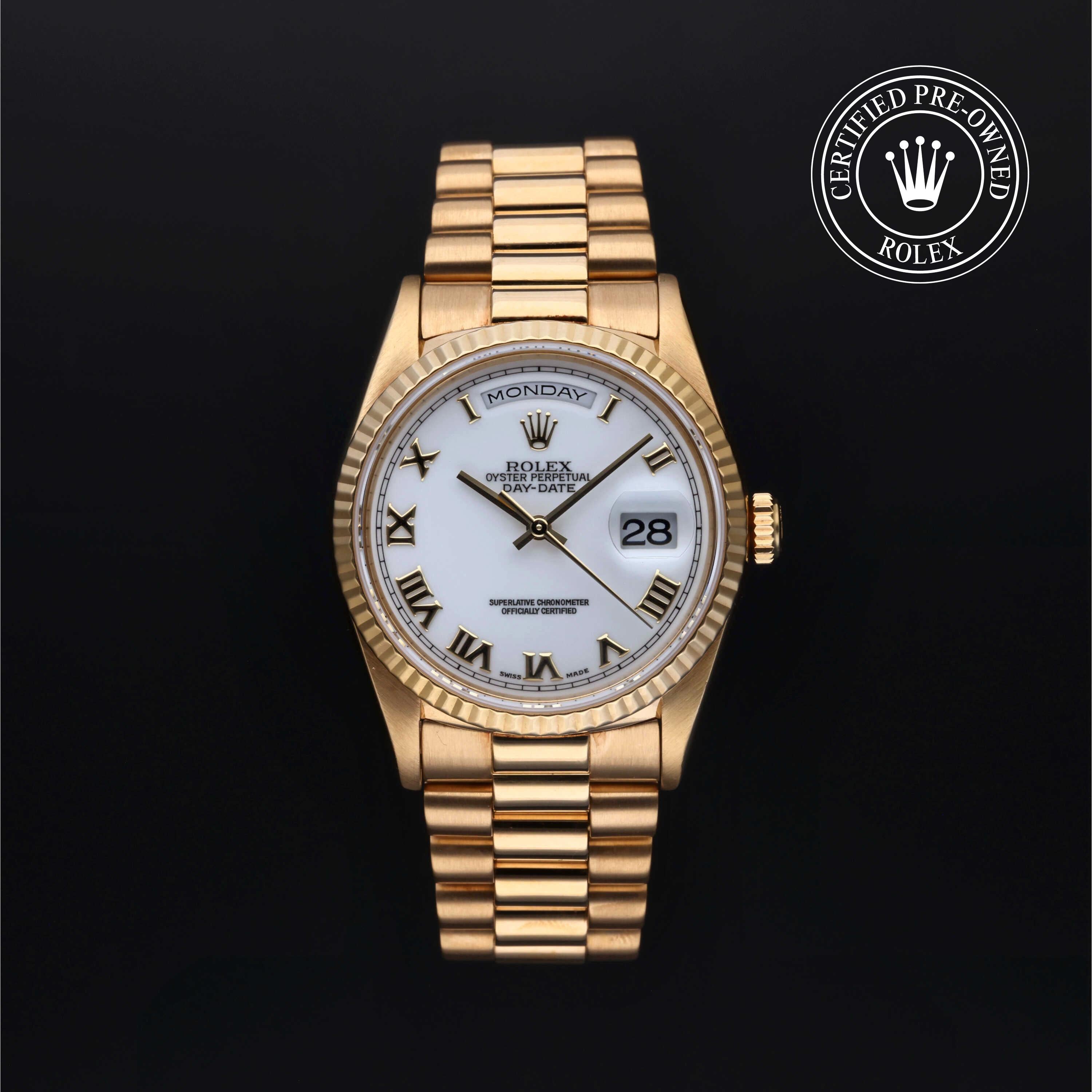 Rolex Certified Pre-Owned Day-Date in President, 36 mm, 18k yellow gold 18238 watch available at Long's Jewelers.