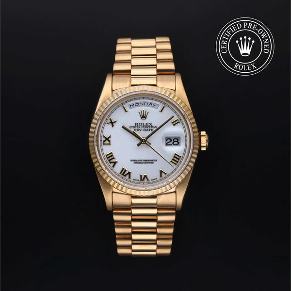 Rolex Certified Pre-Owned Day-Date in President, 36 mm, 18k yellow gold 18238 watch available at Long's Jewelers.