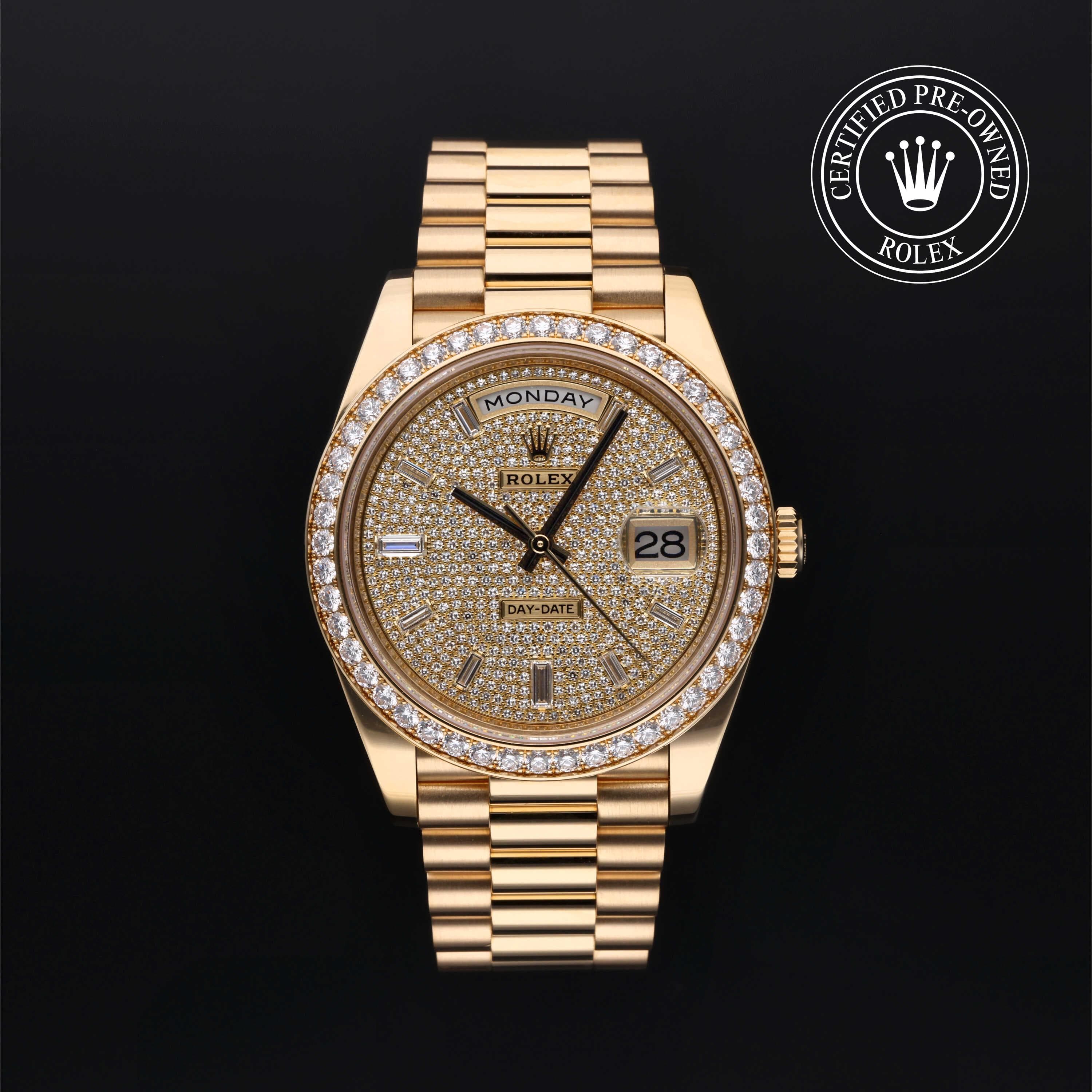 Rolex Certified Pre-Owned Day-Date in President, 40 mm, 18k yellow gold 228348RBR watch available at Long's Jewelers.