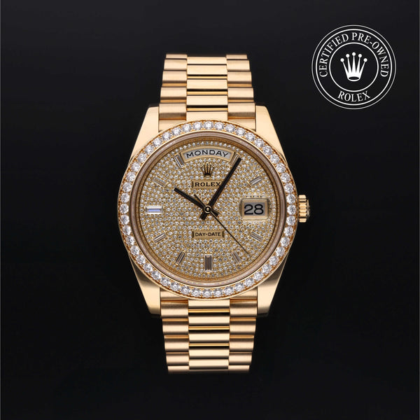 Rolex Certified Pre-Owned Day-Date in President, 40 mm, 18k yellow gold 228348RBR watch available at Long's Jewelers.
