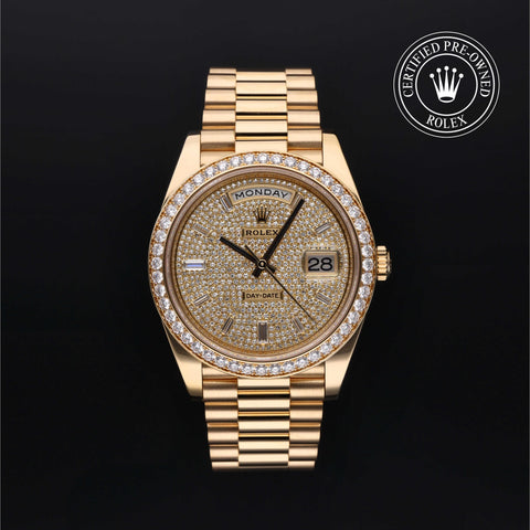 Rolex Certified Pre-Owned Day-Date in President, 40 mm, 18k yellow gold 228348RBR watch available at Long's Jewelers.