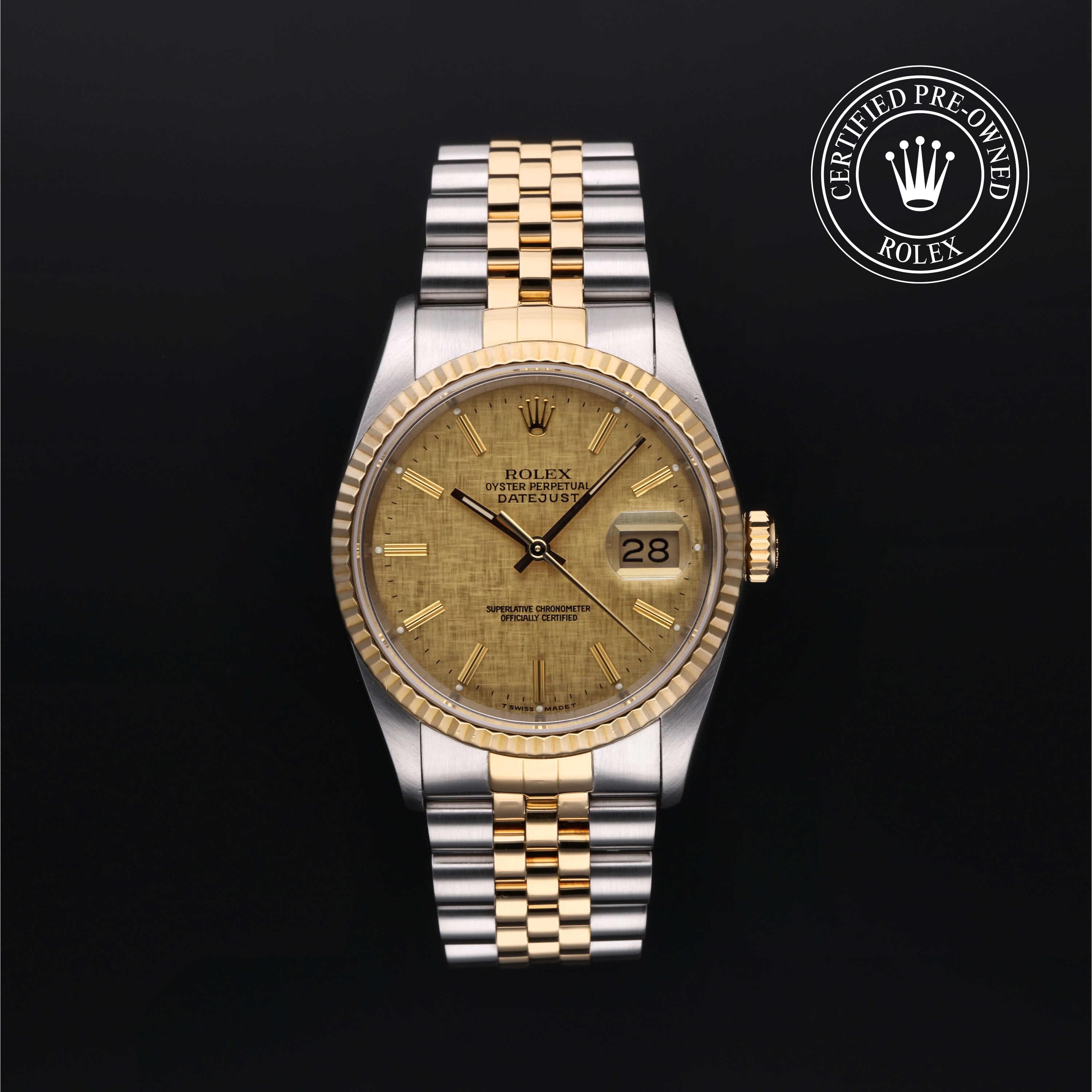 Rolex Certified Pre-Owned Datejust in Jubilee, 36 mm, Stainless Steel and yellow gold 16233 watch available at Long's Jewelers.