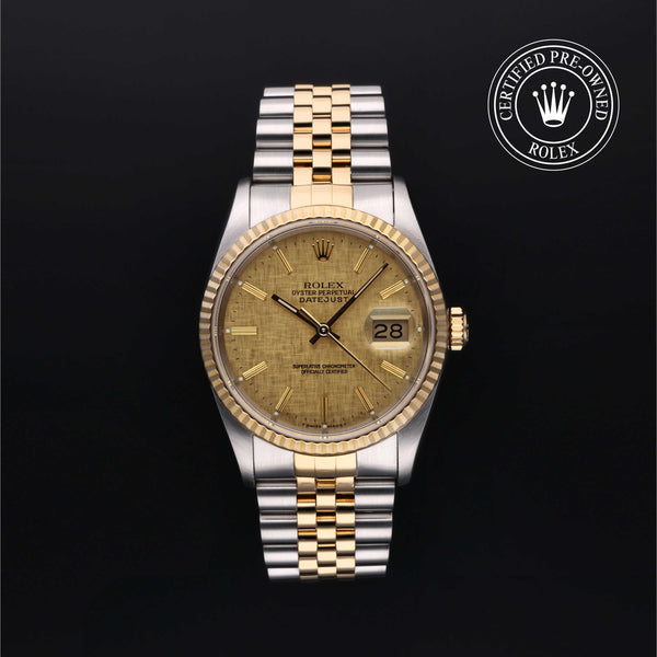 Rolex Certified Pre-Owned Datejust in Jubilee, 36 mm, Stainless Steel and yellow gold 16233 watch available at Long's Jewelers.