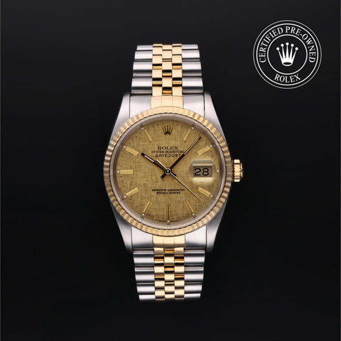Rolex Certified Pre-Owned Datejust in Jubilee, 36 mm, Stainless Steel and yellow gold 16233 watch available at Long's Jewelers.