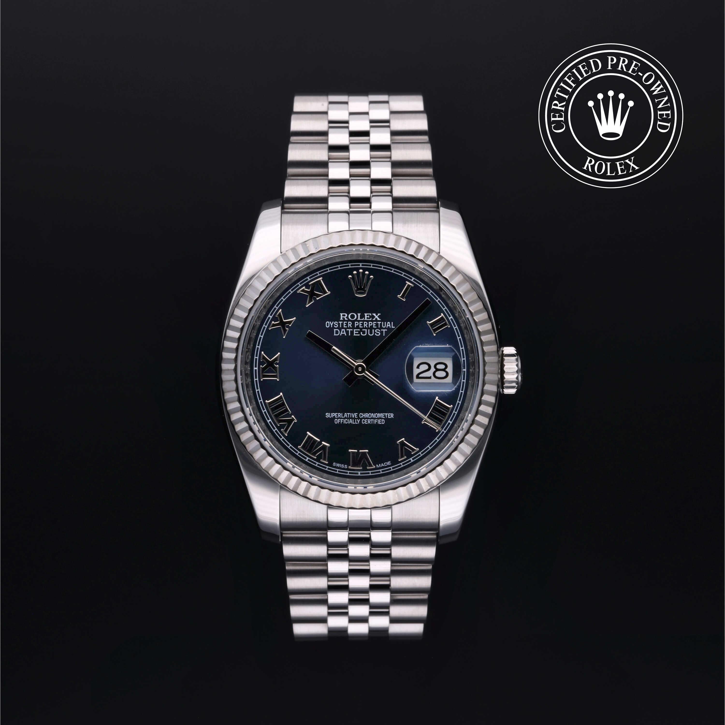 Rolex Certified Pre-Owned Datejust in Jubilee, 36 mm, Stainless Steel and white gold 116234 watch available at Long's Jewelers.