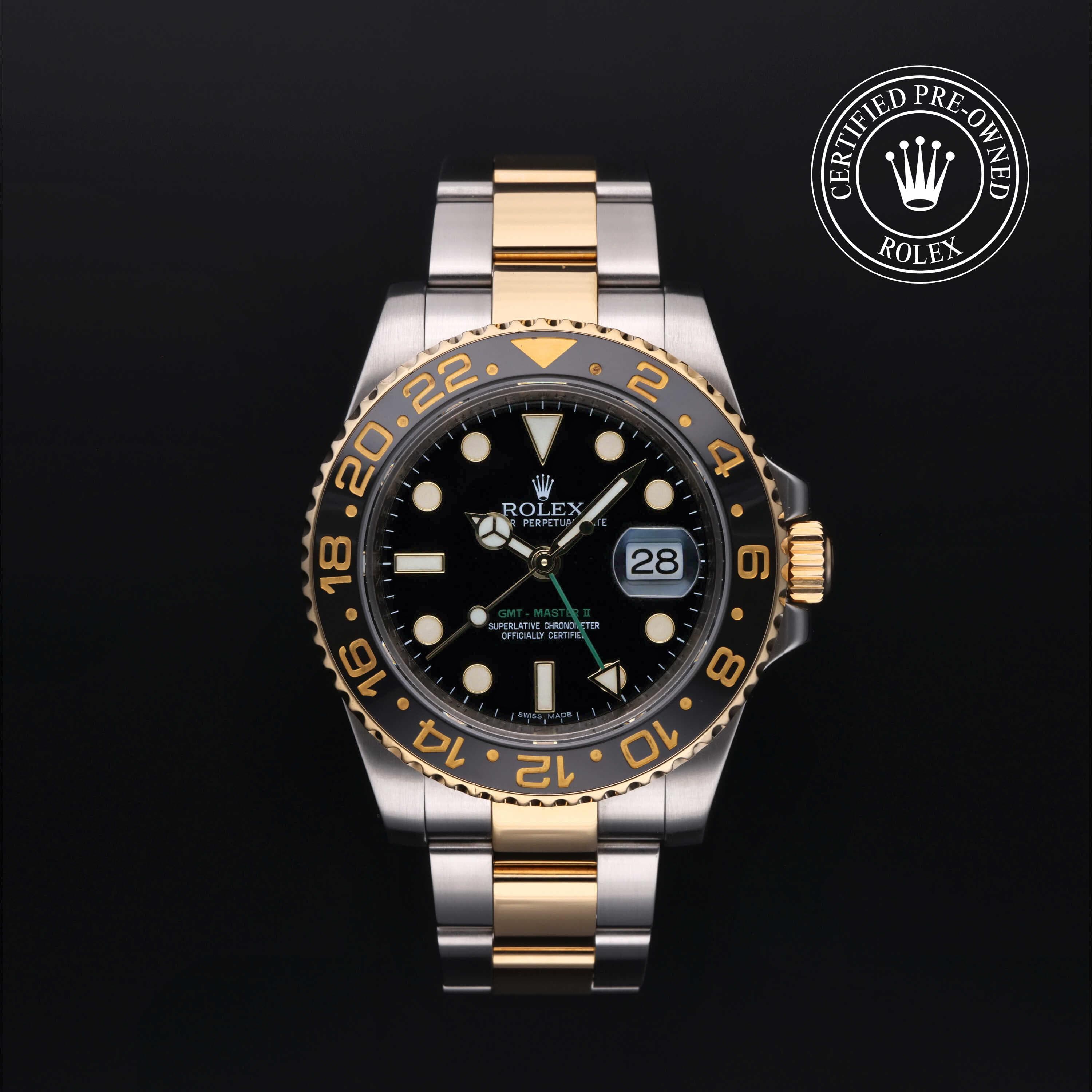 Rolex Certified Pre-Owned GMT Master II in Oyster, 40 mm, Stainless Steel and yellow gold 116713LN watch available at Long's Jewelers.