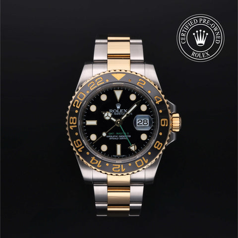 Rolex Certified Pre-Owned GMT Master II in Oyster, 40 mm, Stainless Steel and yellow gold 116713LN watch available at Long's Jewelers.
