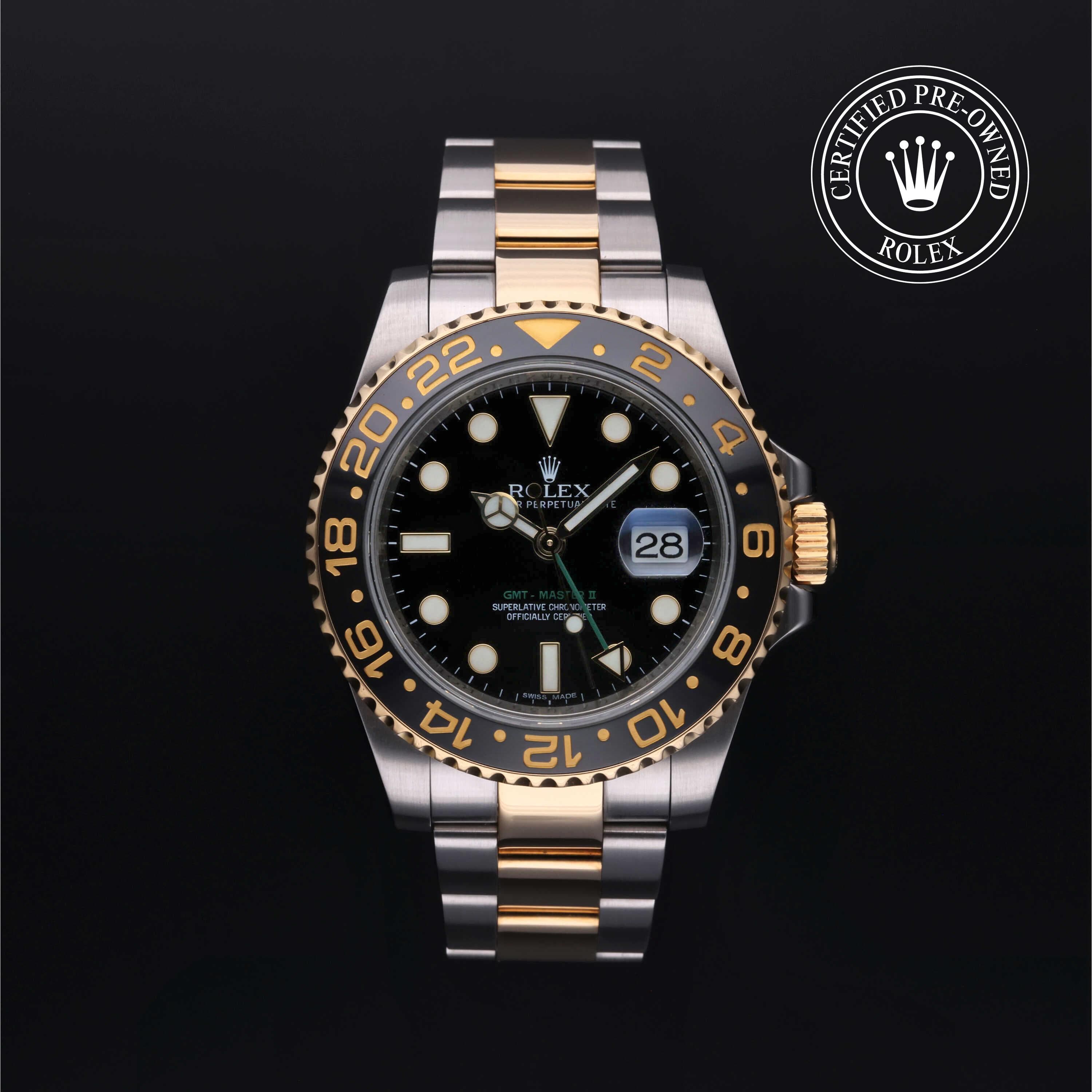 Rolex Certified Pre-Owned GMT Master II in Oyster, 40 mm, Stainless Steel and yellow gold 116713LN watch available at Long's Jewelers.