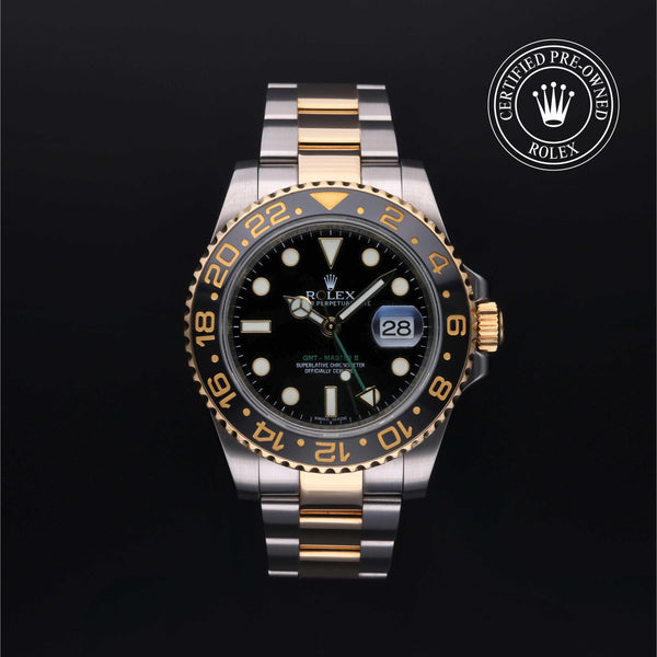 Rolex Certified Pre-Owned GMT Master II in Oyster, 40 mm, Stainless Steel and yellow gold 116713LN watch available at Long's Jewelers.