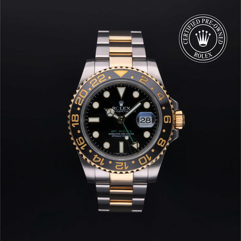 Rolex Certified Pre-Owned GMT Master II in Oyster, 40 mm, Stainless Steel and yellow gold 116713LN watch available at Long's Jewelers.