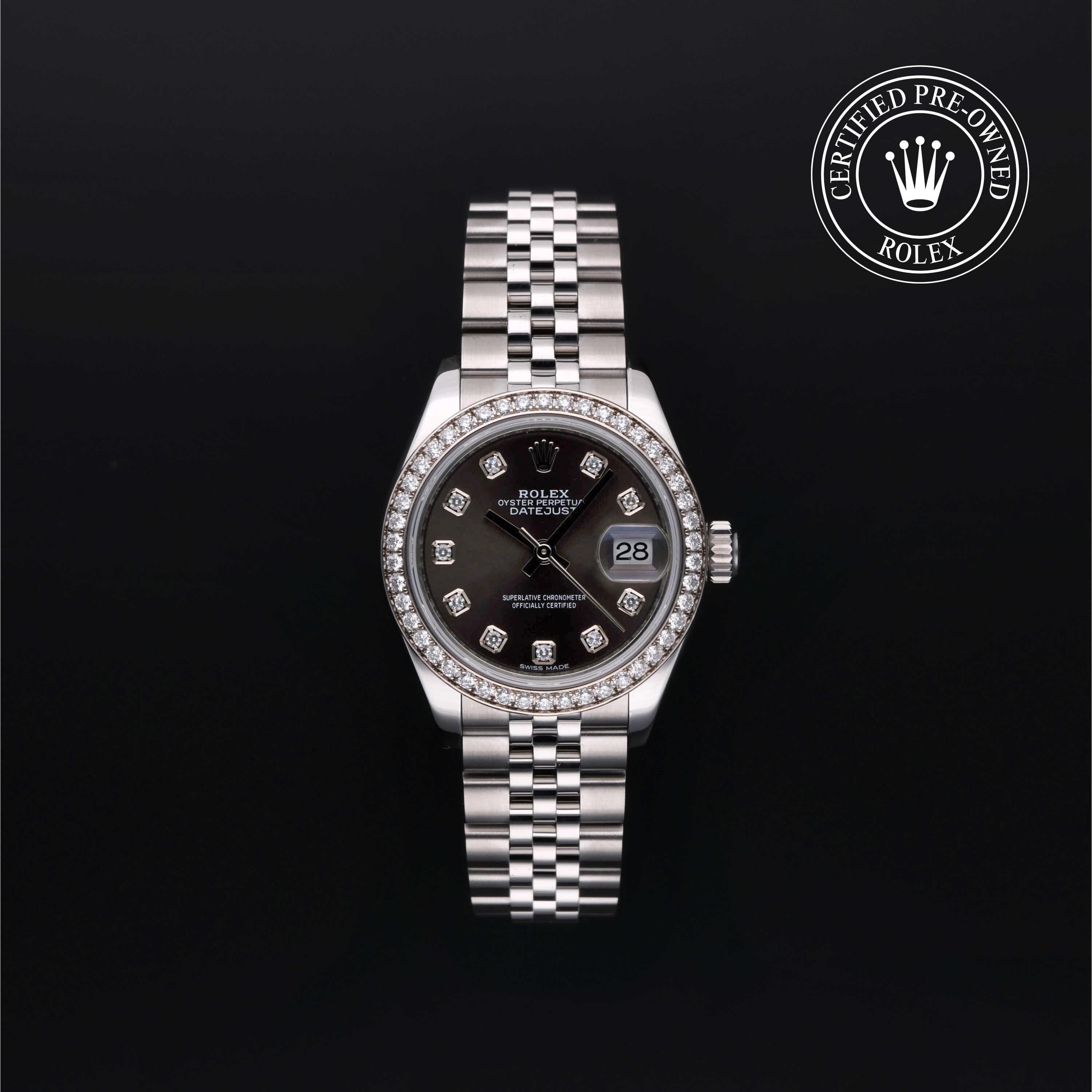 Rolex Certified Pre-Owned Lady-Datejust in 28 mm, Stainless Steel and white gold 279384RBR watch available at Long's Jewelers.