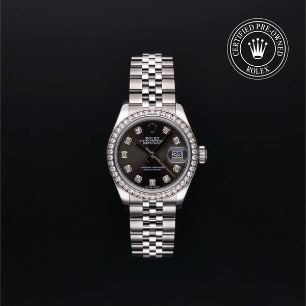 Rolex Certified Pre-Owned Lady-Datejust in 28 mm, Stainless Steel and white gold 279384RBR watch available at Long's Jewelers.