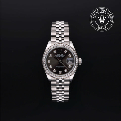 Rolex Certified Pre-Owned Lady-Datejust in 28 mm, Stainless Steel and white gold 279384RBR watch available at Long's Jewelers.