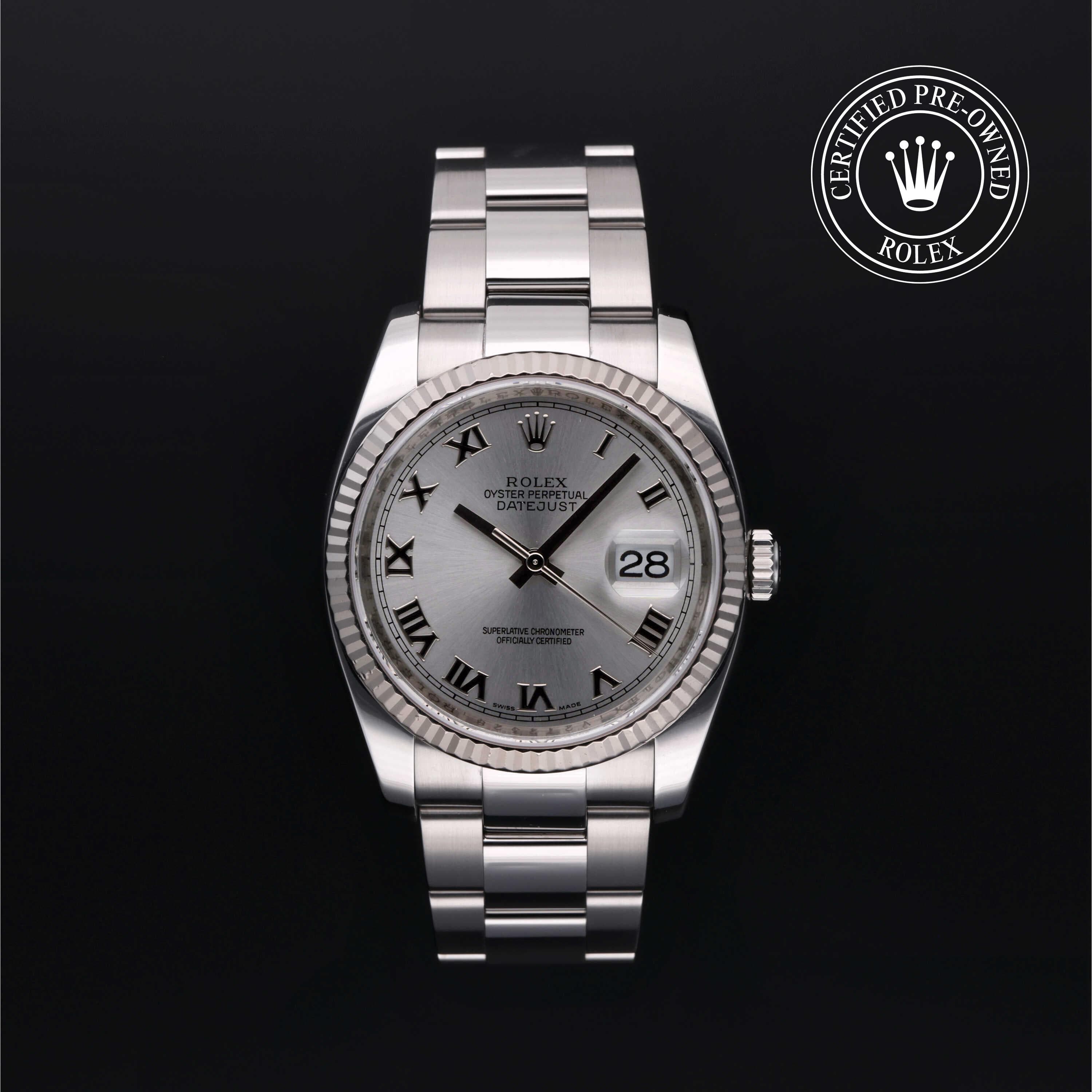 Rolex Certified Pre-Owned Datejust in Oyster, 36 mm, Stainless Steel and white gold 116234 watch available at Long's Jewelers.