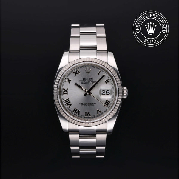 Rolex Certified Pre-Owned Datejust in Oyster, 36 mm, Stainless Steel and white gold 116234 watch available at Long's Jewelers.