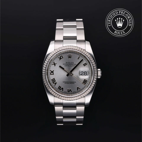 Rolex Certified Pre-Owned Datejust in Oyster, 36 mm, Stainless Steel and white gold 116234 watch available at Long's Jewelers.
