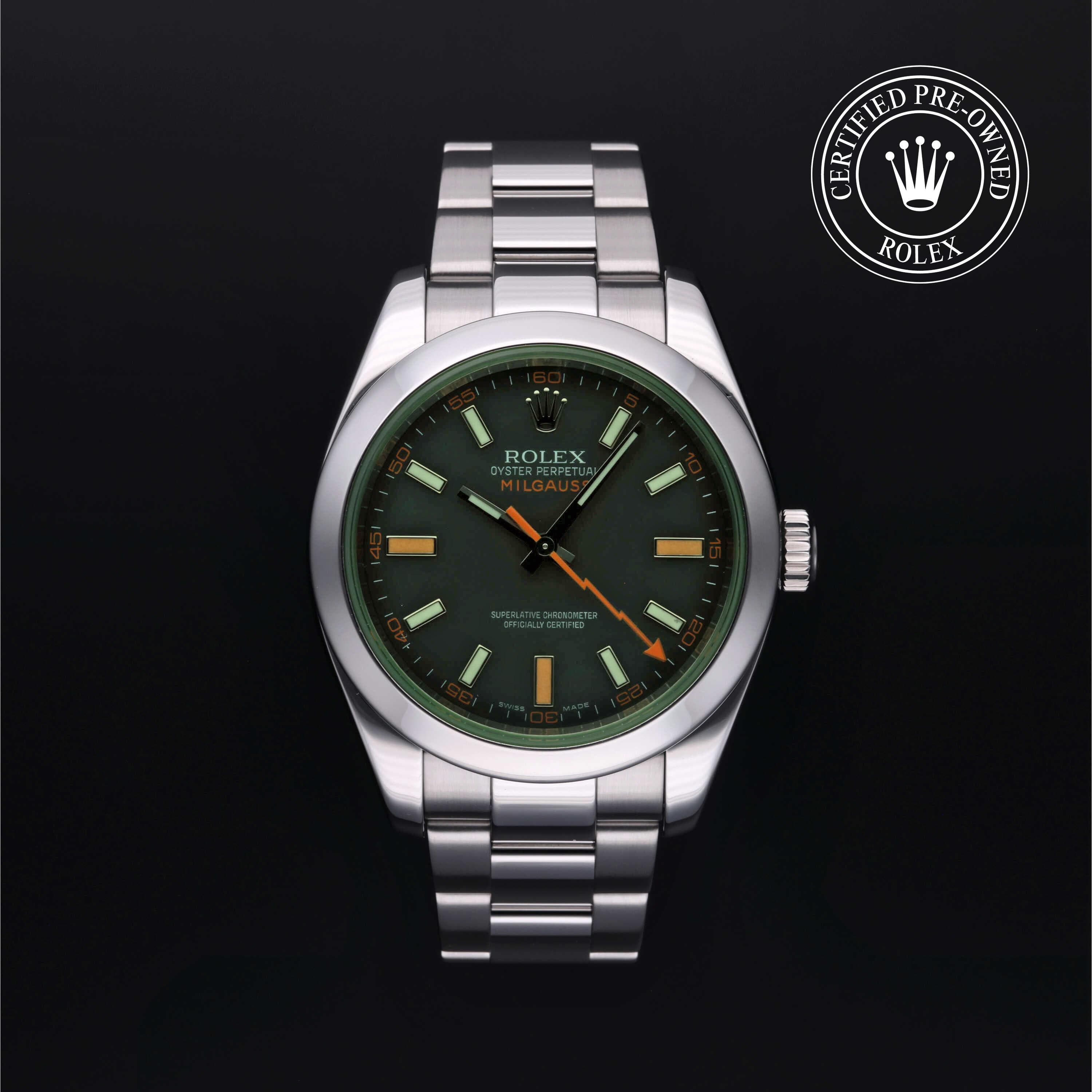 Rolex Certified Pre-Owned Milgauss in Oyster, 40 mm, Stainless Steel 116400GV watch available at Long's Jewelers.