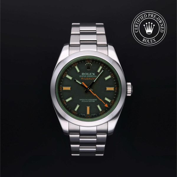 Rolex Certified Pre-Owned Milgauss in Oyster, 40 mm, Stainless Steel 116400GV watch available at Long's Jewelers.