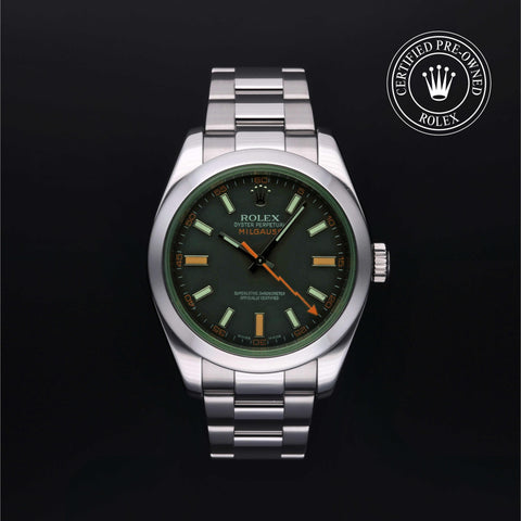 Rolex Certified Pre-Owned Milgauss in Oyster, 40 mm, Stainless Steel 116400GV watch available at Long's Jewelers.