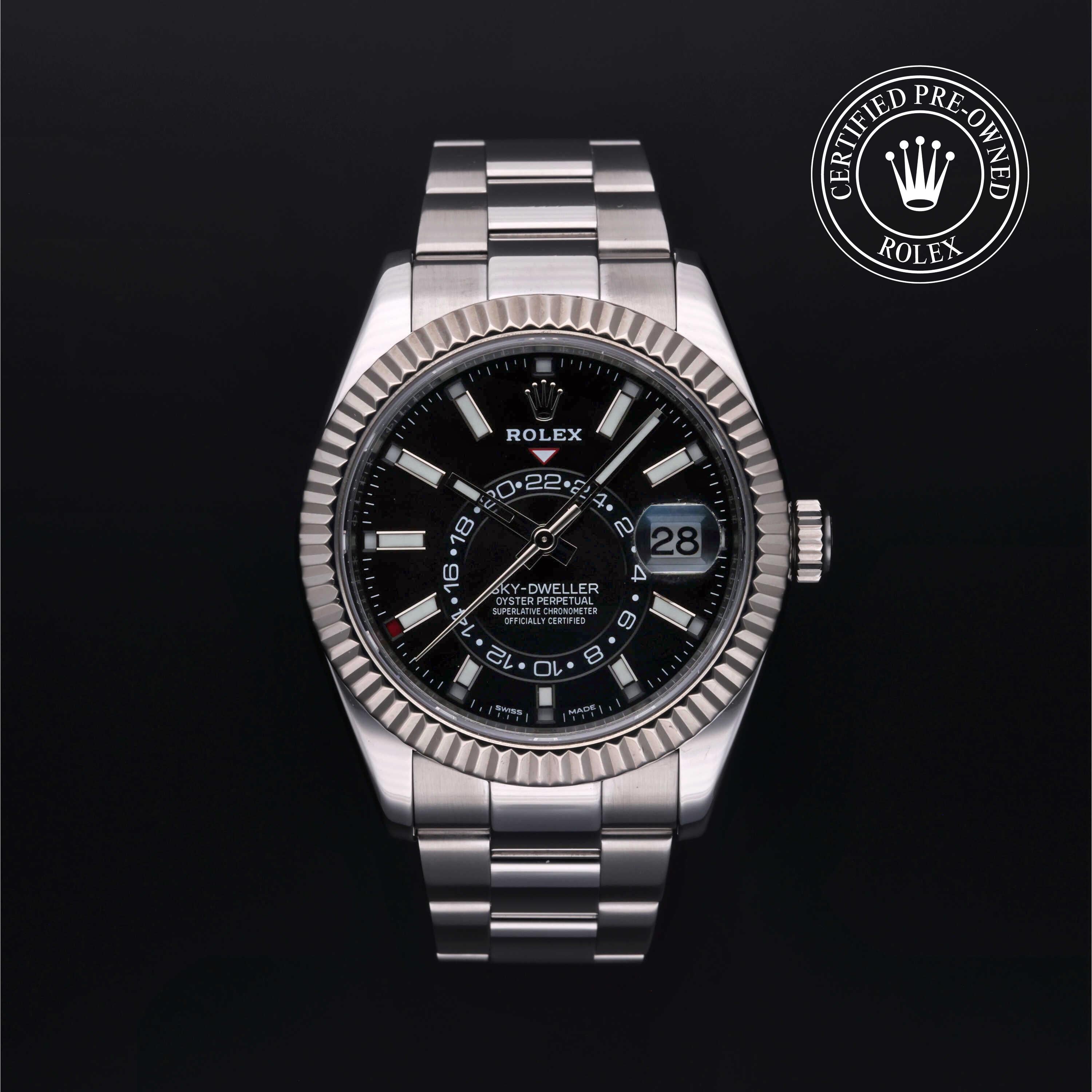 Rolex Certified Pre-Owned Sky-Dweller in Oyster, 42 mm, Stainless Steel and White Gold 326934 watch available at Long's Jewelers.